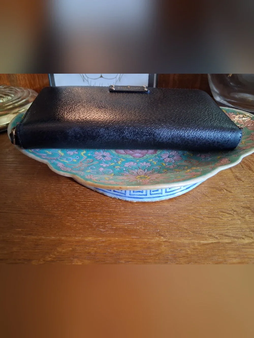 kate spade Black Leather Zip-Around Wallet with Gold Hardware